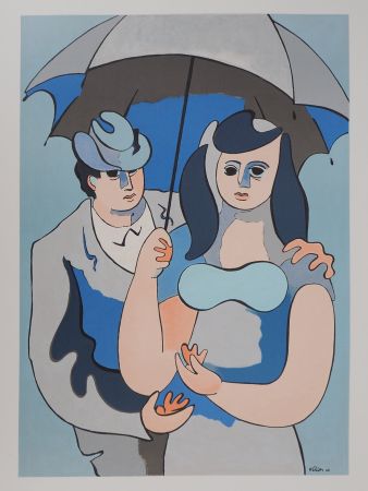 Litografía Helion - Couple sous un parapluie