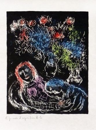 Litografía Chagall - Couple sur fond noir
