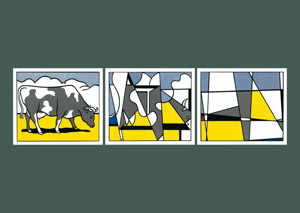 Litografía Lichtenstein - 'Cow Going Abstract' 1982 Offset-lithograph Triptych Set