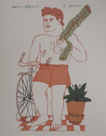 Litografía Fassianos - Cycliste à l'écharpe verte