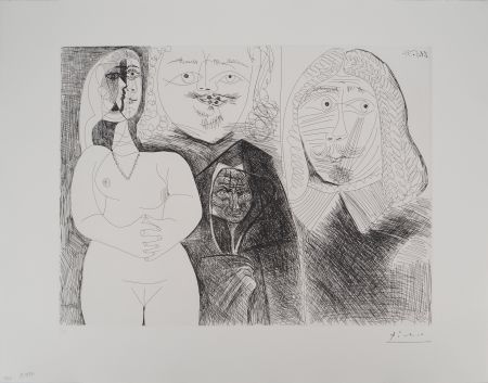 Grabado Picasso - Célestine et fille, avec deux hommes en costume du XVIe siècle