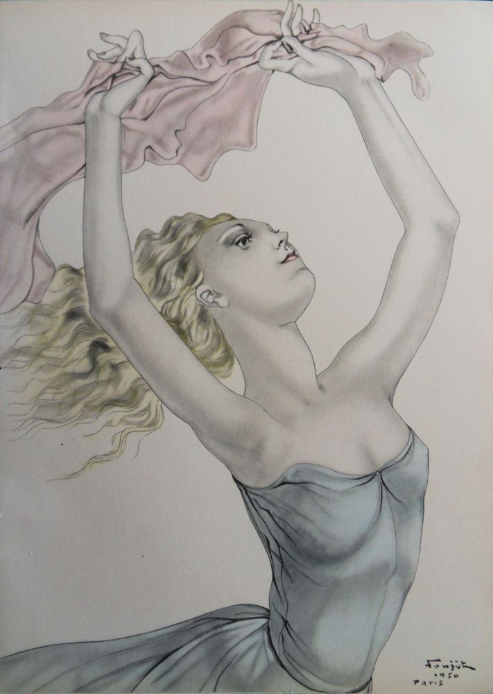 Litografía Foujita - Danseuse en foulard rose