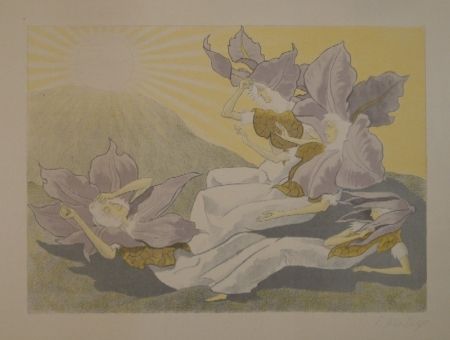 Litografía Kreidolf - Der Blumen Erwachen. Vier liegende Clematis-Mädchen erwachen bei der aufgehenden Sonne. 