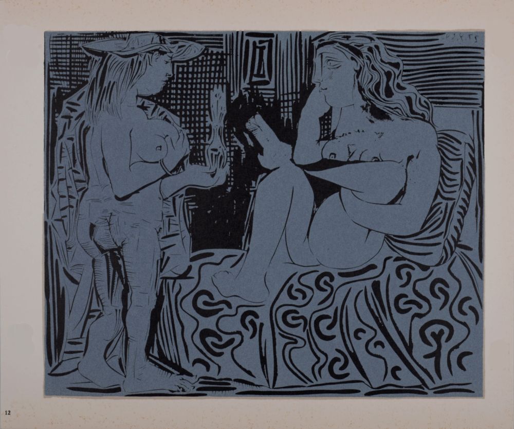Linograbado Picasso (After) - Deux femmes avec un vase à fleurs, 1962
