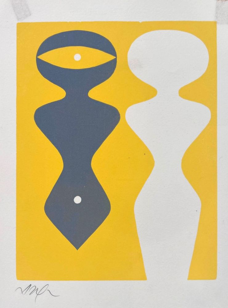 Grabado En Madera Arp - Deux figures sur fond jaune 