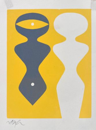 Grabado En Madera Arp - Deux figures sur fond jaune 