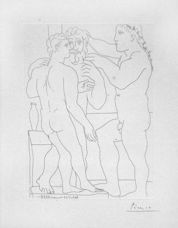 Grabado Picasso - Deux hommes sculptes - Two male statues - Three Men Standing