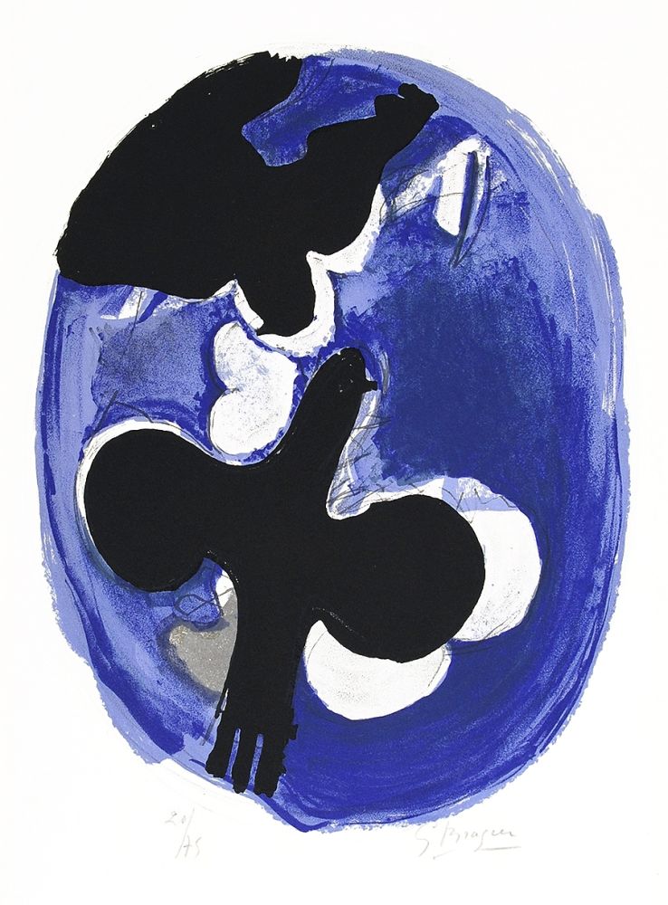 Litografía Braque - Deux oiseaux sur fond bleu (Two birds on a blue background)