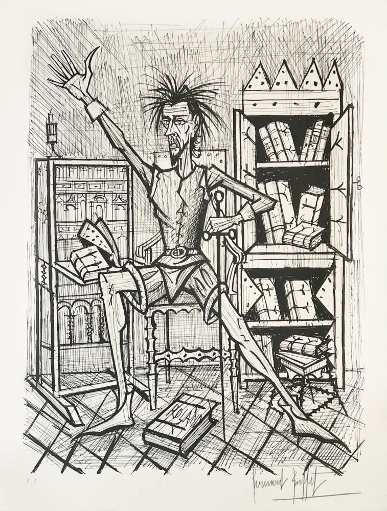 Litografía Buffet - Don Quichote dans la Bibliothèque 