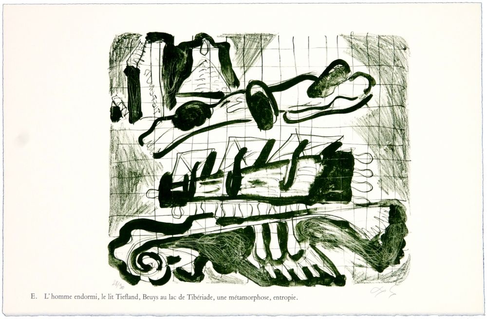 Litografía Nørgaard - E. L'homme endormi, le lit Tiefland, Beuys au lac de Tibériade, une méthamorphose, entropie.