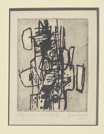 Aguafuerte Corneille - Eau-forte encadrée Abstraction 1961 Epreuve d'artiste