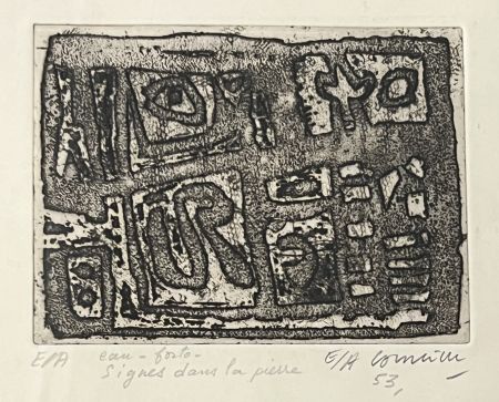 Aguafuerte Corneille - Eau-forte encadrée en couleurs Signes dans la pierre, 1953. Epreuve d'artiste EA