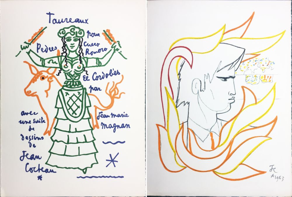 Litografía Cocteau - EL CORDOBES (Magnan : Taureaux. 1965). 2 planches.