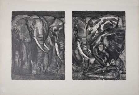 Litografía Jouve - Elephants