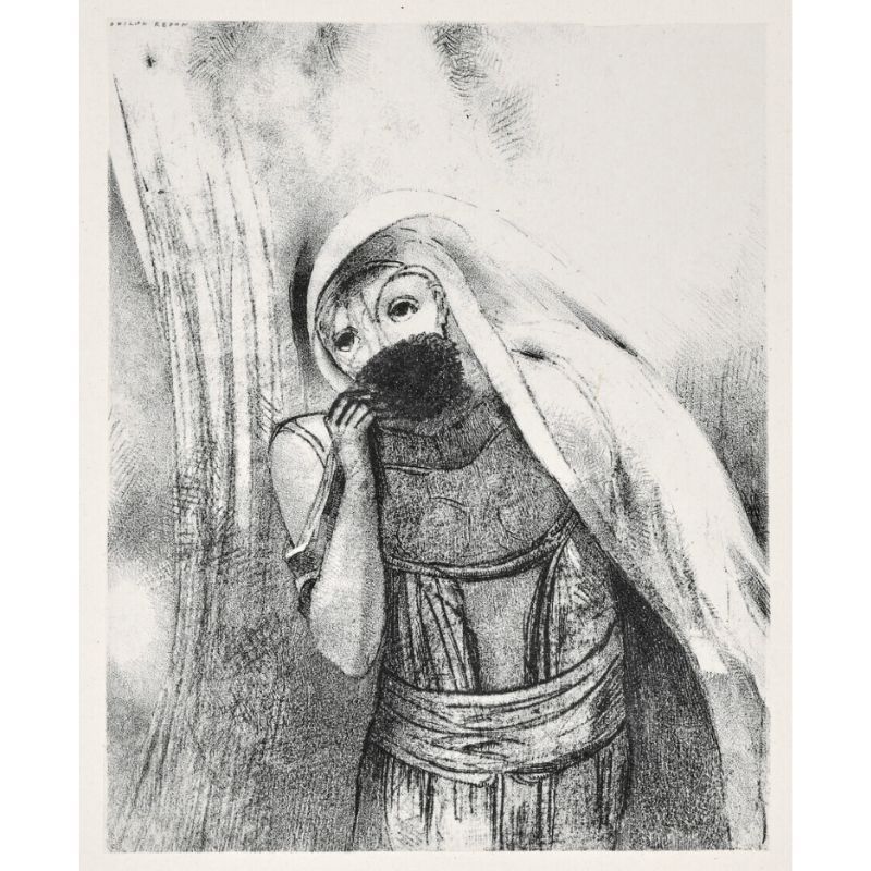 Litografía Redon - Elle tire de sa poitrine une éponge toute noire, la couvre de baisers (from la Tentation de Saint Antoine, troisième série)