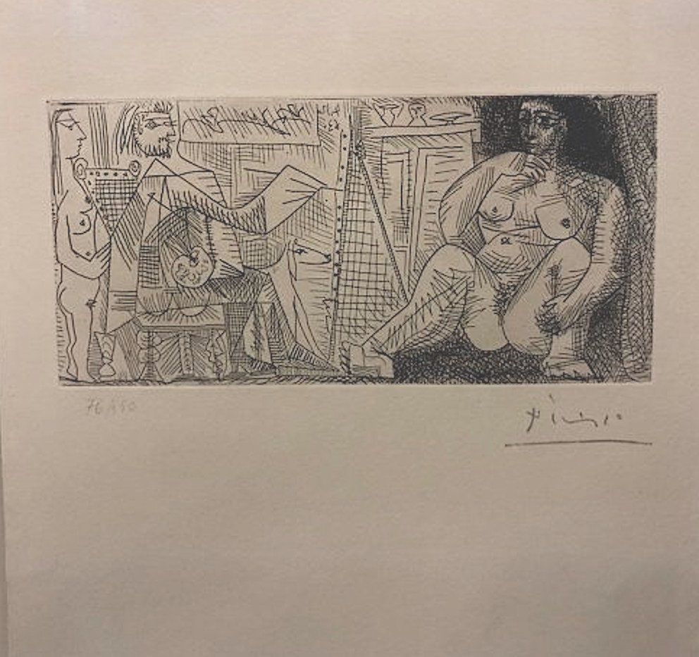 Aguafuerte Picasso - En el atelier, pintor, modelo y espectador