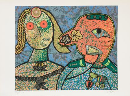 Grabado Baj - Enrico baj (1924–2003) – Il Generale Amin Dada e una delle sue mogli-Mixed media
