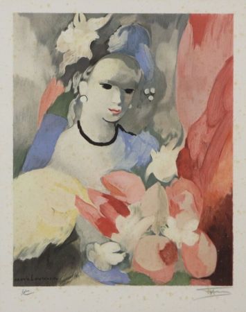 Litografía Laurencin - Femme au bouquet de fleurs