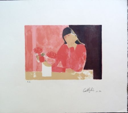 Litografía Cathelin - Femme au Bouquet de Roses