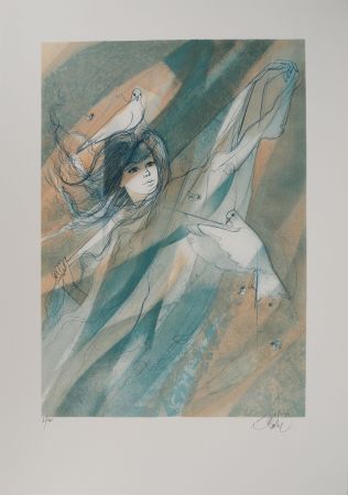Litografía Valadie - Femme aux colombes (le vent)