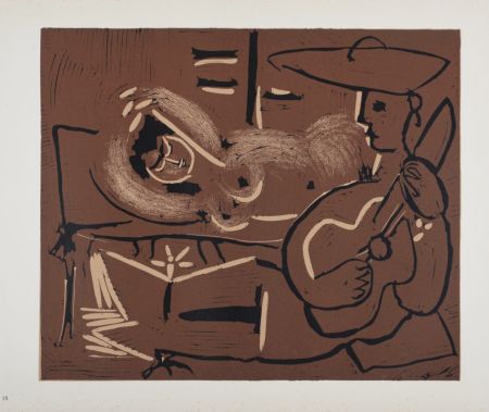 Linograbado Picasso (After) - Femme couchée et guitariste, 1962