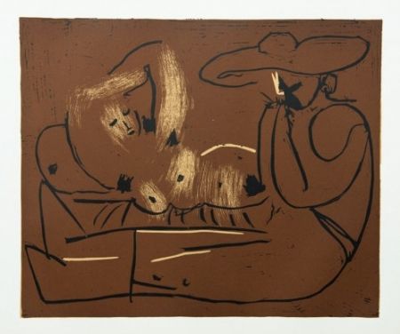 Grabado Picasso - Femme couchée et homme au grand chapeau