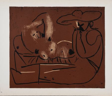 Linograbado Picasso (After) - Femme couchée et homme au grand chapeau, 1962