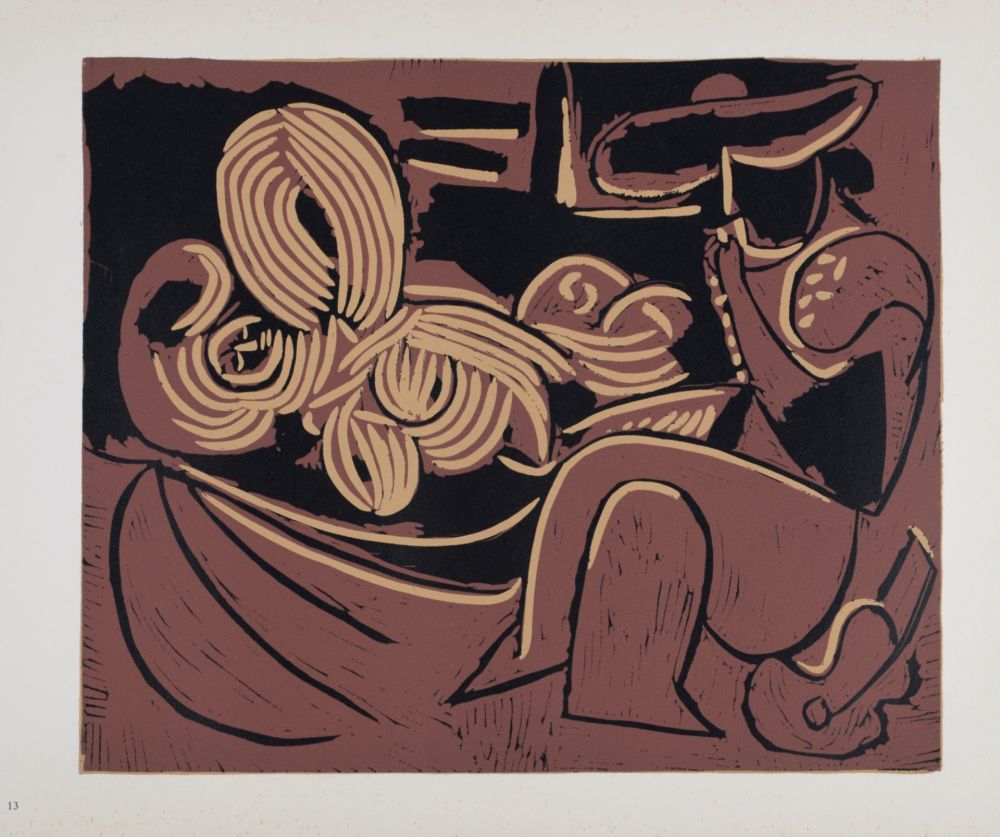 Linograbado Picasso (After) - Femme couchée et homme à la guitare, 1962