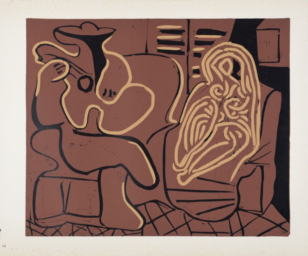 Linograbado Picasso (After) - Femme dans un fauteuil et guitariste, 1962
