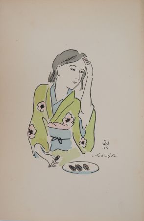 Grabado Foujita - Femme en kimono se coiffant