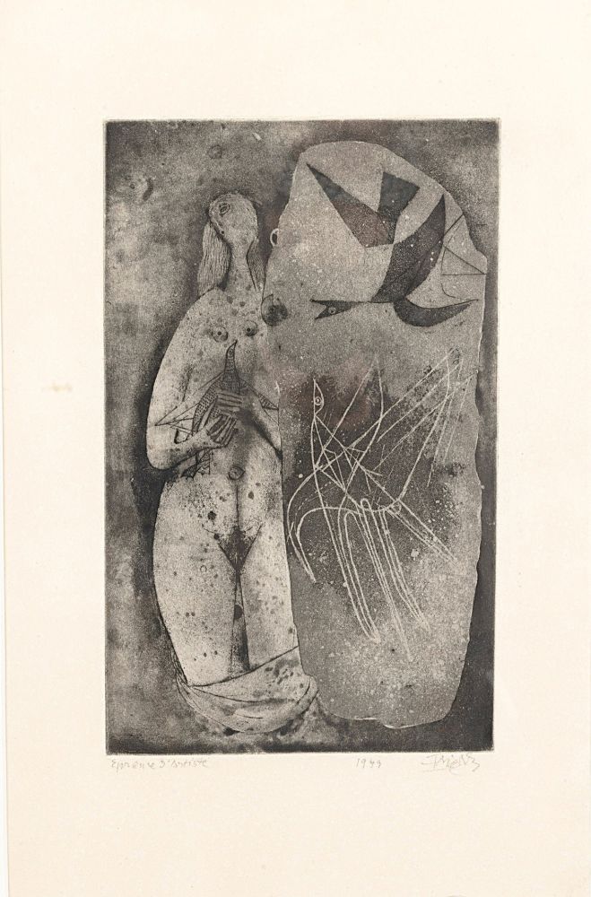 Aguafuerte Friedlaender - Femme et oiseaux