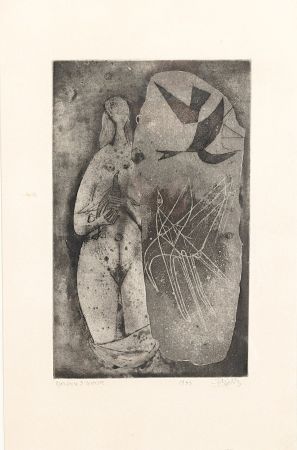 Aguafuerte Friedlaender - Femme et oiseaux