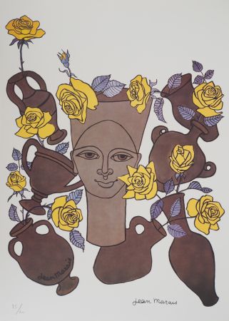 Litografía Marais  - Femme, fleurs et poteries
