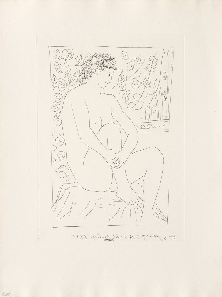 Grabado Picasso - Femme nue assise devant un rideau