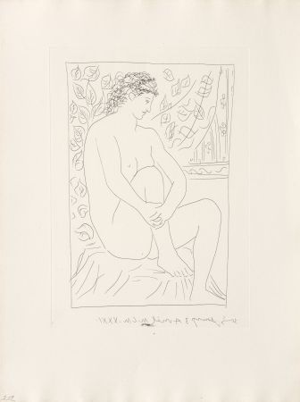 Grabado Picasso - Femme nue assise devant un rideau