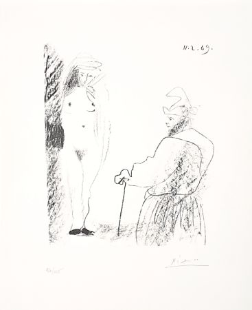 Litografía Picasso - Femme nue et homme à la canne