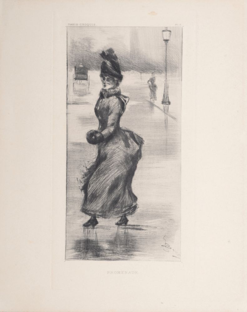 Punta Seca Boutet - Femme élégante, Promenade à Paris, c. 1890