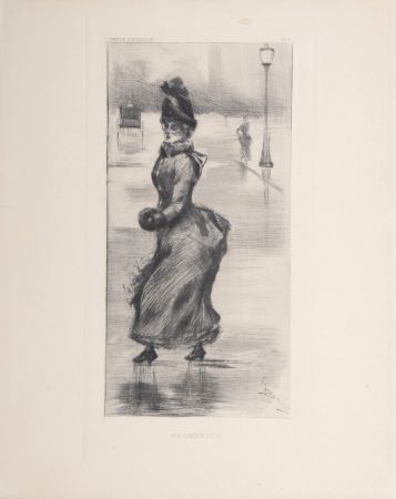 Punta Seca Boutet - Femme élégante, Promenade à Paris, c. 1890