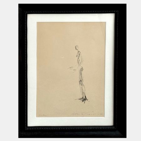 Litografía Giacometti - Figure standing in profile with hands raised