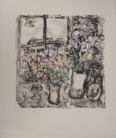 Litografía Chagall - Fleurs devant la fenêtre