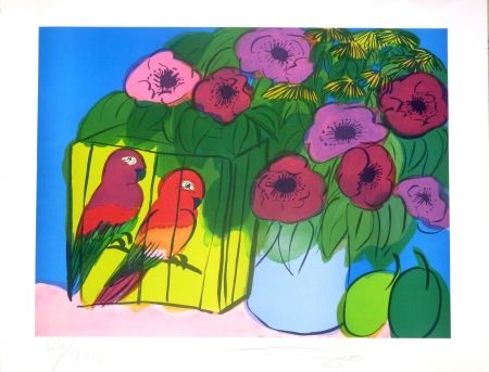 Litografía Ting - Fleurs et perroquets