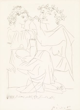 Grabado Picasso - Flûtiste et Jeune Fille au Tambourin (Flutist and Tambourine girl) from the Vollard Suite, 1934