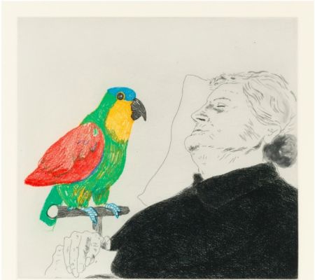 Aguafuerte Hockney -  Félicité sleeping with Parrot. 1974