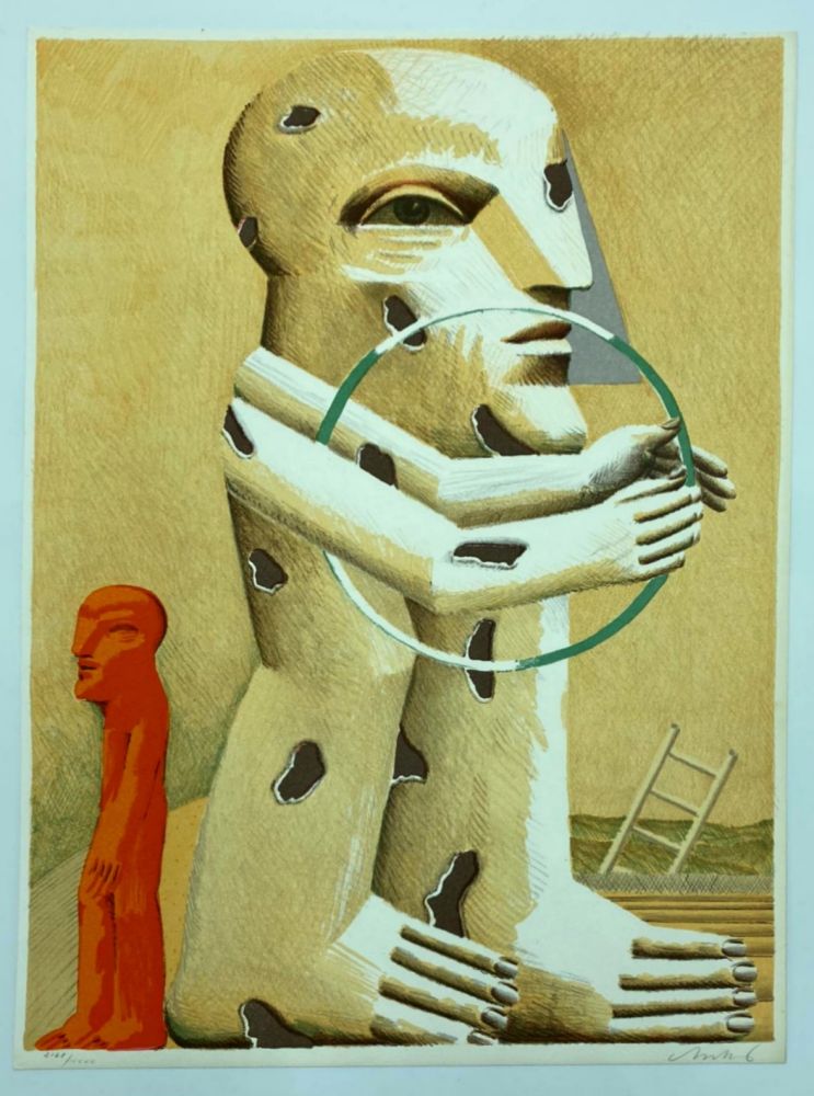 Litografía Antes - Gefleckte Figur mit Reif, kleiner Figur und Leiter