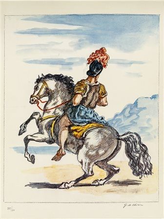 Litografía De Chirico - Giorgio De Chirico (1888–1978) - Il cavaliere solitario - color lithograph - 1968