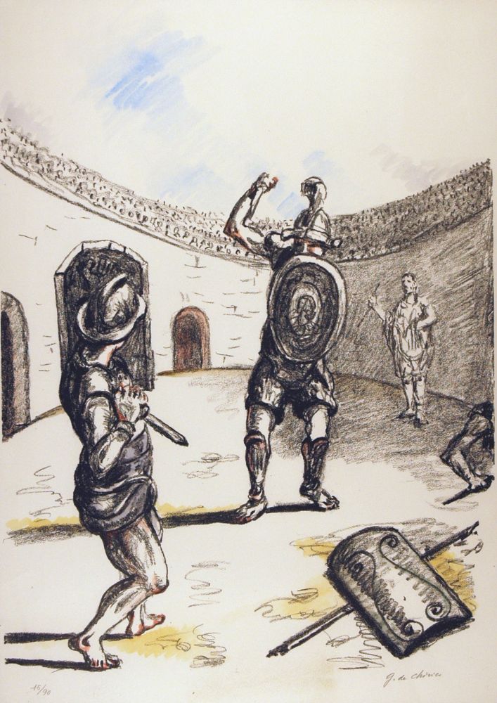 Litografía De Chirico - Gladiatori nell'arena