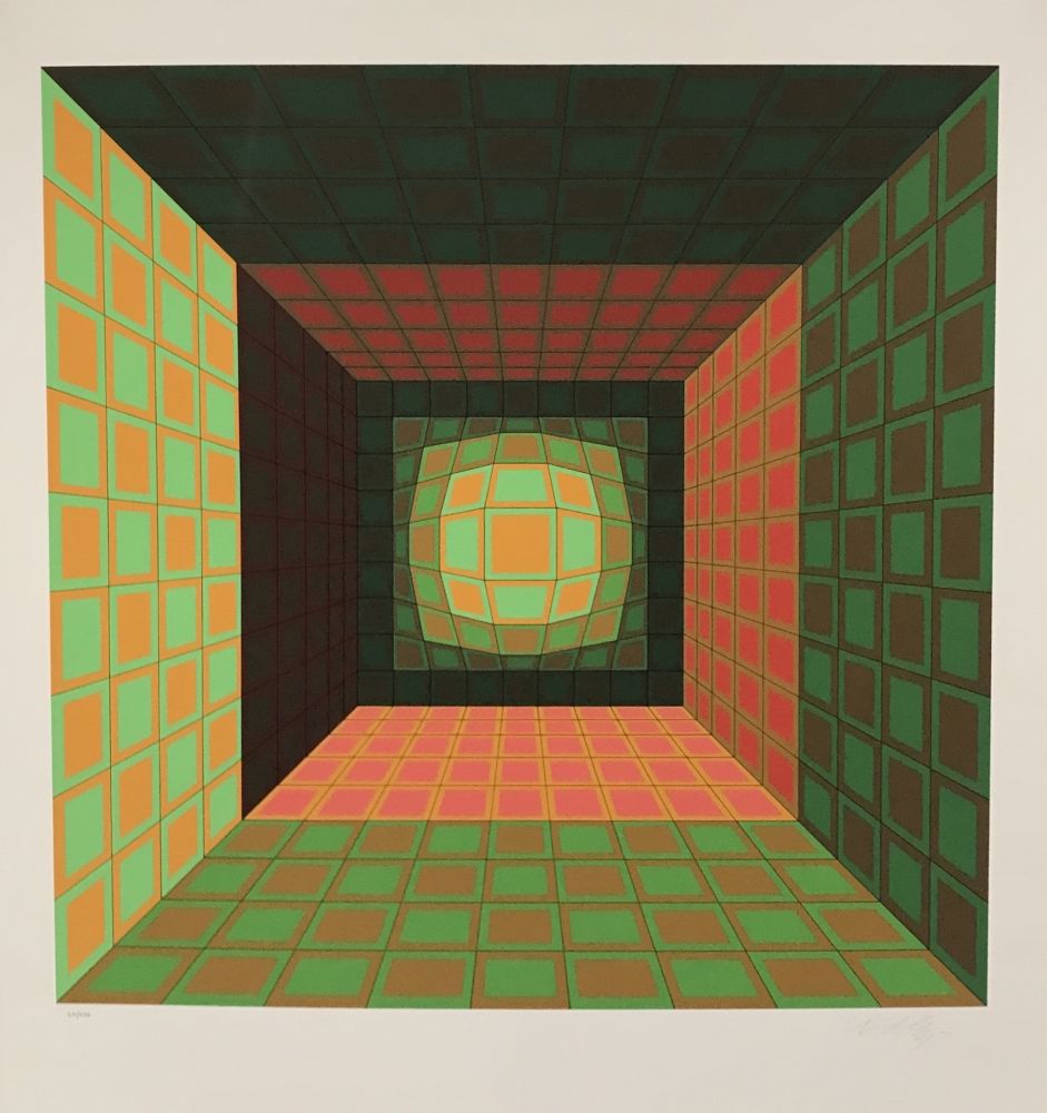 Serigrafía Vasarely - Green and Orange Composition