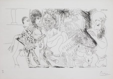 Grabado Picasso - Groupe avec Vieillard à la Torche sur un Ane Amoureux, Femme et Arlequin, (Bloch. 1484; Ba. 1499)