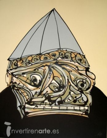 Litografía Saura - Guerrero con casco, de la serie Galería de América
