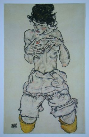 Offset Schiele (After) - Halbnackte kniende Frau